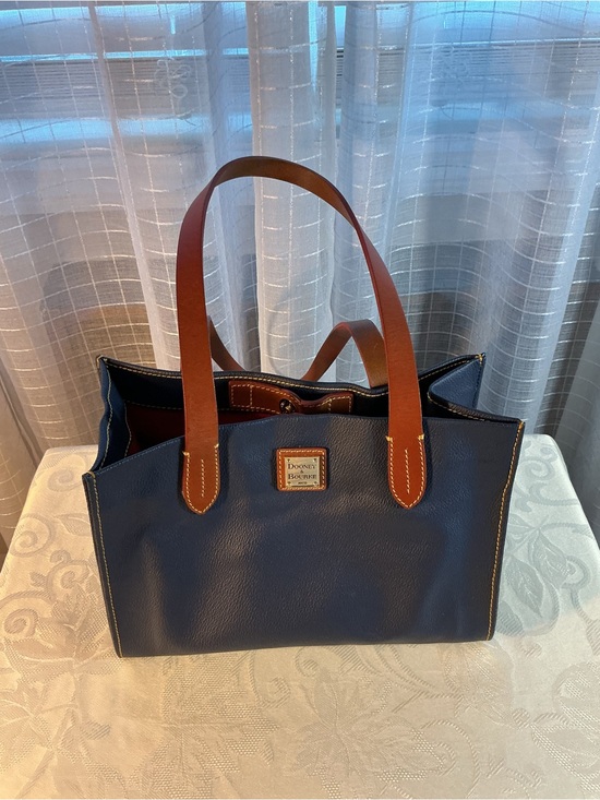 Dooney & Bourke Handbags - Dooney & Bourke Navy Blue Pebble Grain Leather Tote Bag with Tan Leather Trim